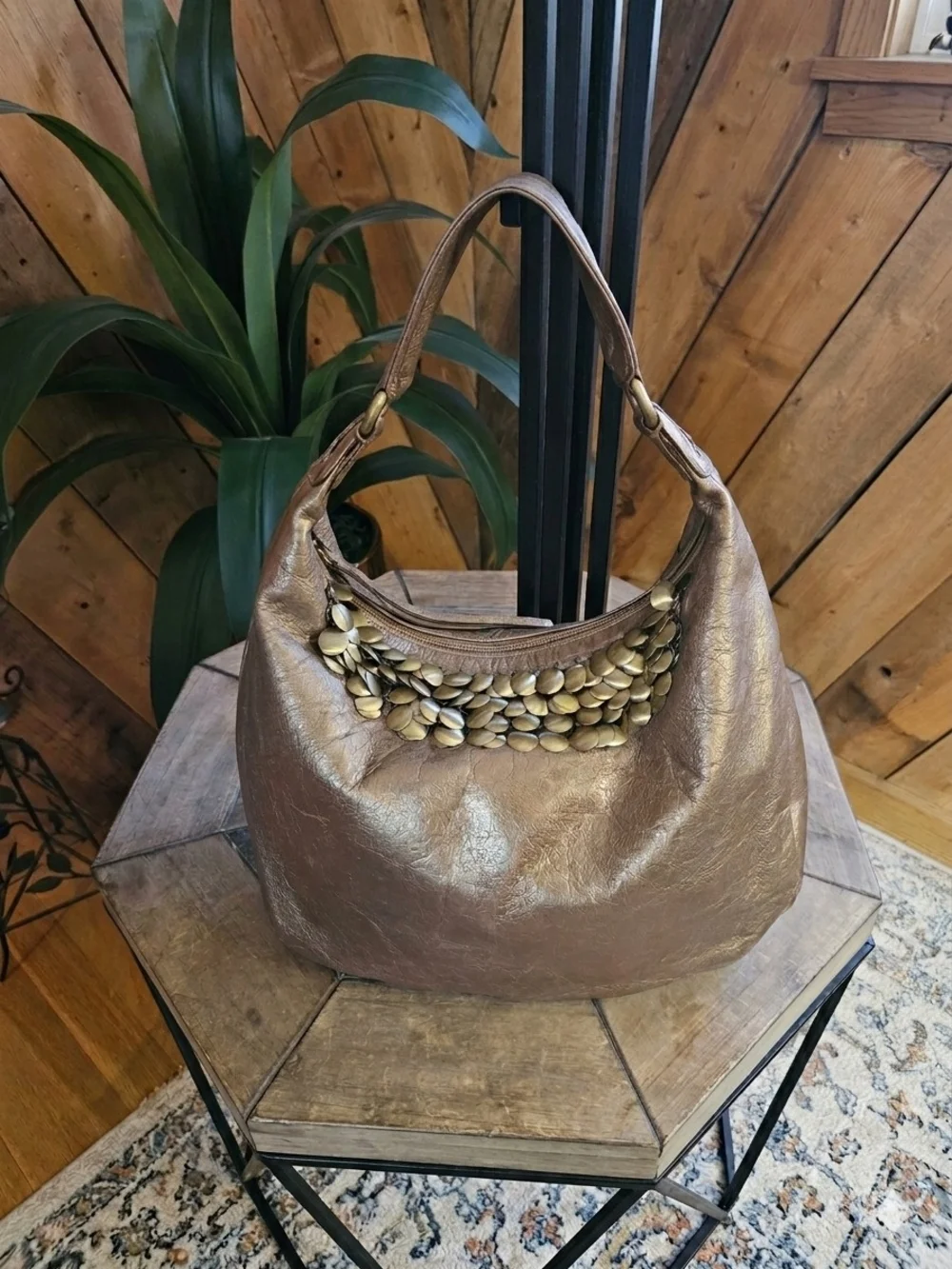 Franco Sarto Metallic Bronze Hobo Bag Coin Trim Slouchy Boho Shoulder Glam Purse